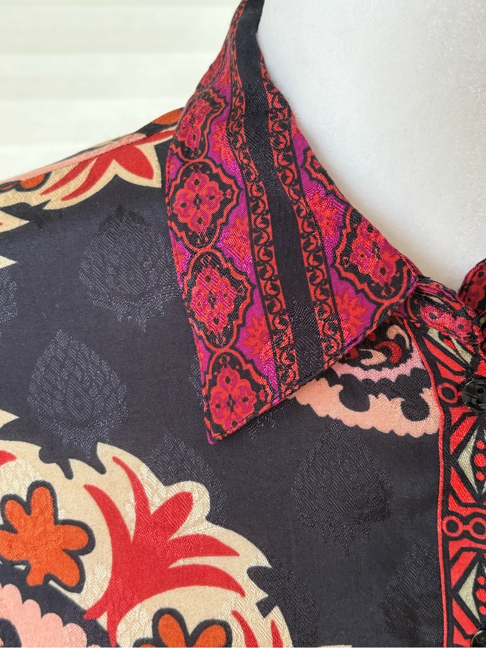 NWOT Zara Boho Black Floral Button-Up Shirt Blouse with Red and Orange Pattern - Picture 5 of 14